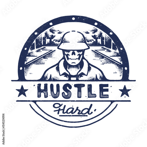 Vintage vector skull in bucket hat with city road background and “Hustle Hard” text. Bold streetwear style for urban hustle and motivation themes.