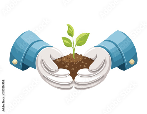 Light Blue Gloves Holding Plant and Soil