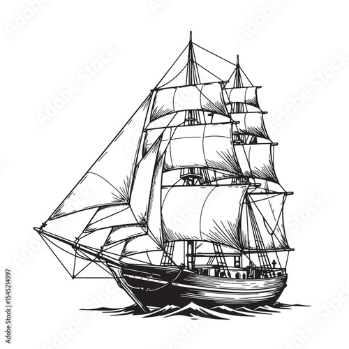 Vintage hand drawn illustration of a sailing ship on white background art silhouette