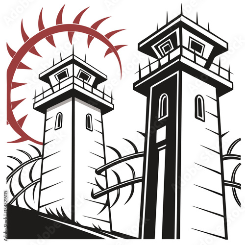 Two prison guard towers with barbed wire and a sun like shape with spikes in a black and white drawing