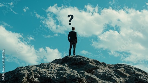 A man standing on a rocky outcrop with a question mark above his head, against a blue sky with white clouds.