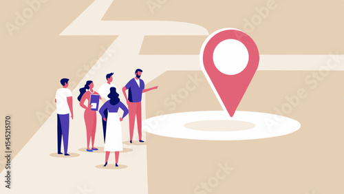 Team Meeting at Location Pin on Map Business Strategy and Navigation Destination and Corporate Planning Illustration