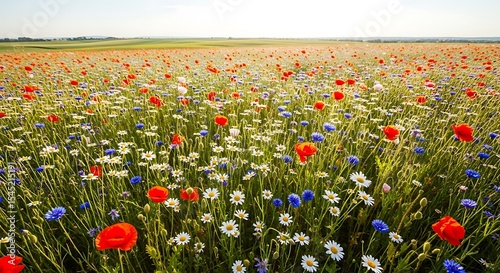 Vibrant wildflower meadow with poppies and daisies