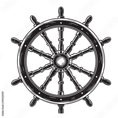 Vintage hand drawn silhouette of a ship steering wheel isolated on a white background