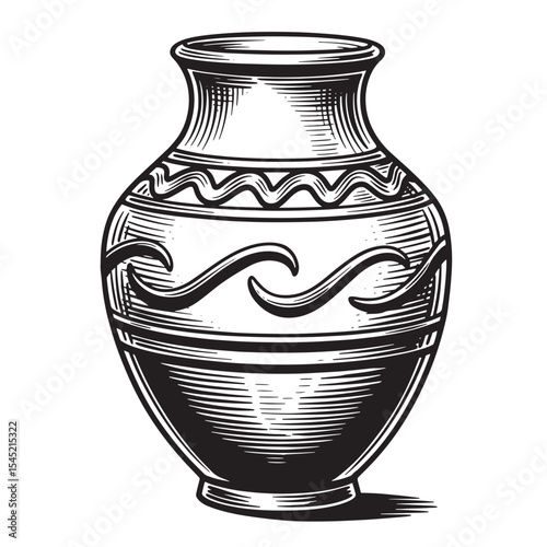 Vintage hand drawn silhouette of an antique ceramic vase with decorative engraved ornament