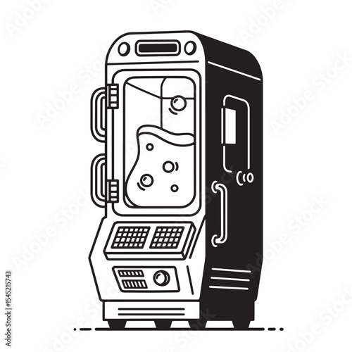 Vintage silhouette art illustration of a laboratory incubator with fluid and bubbles for science research