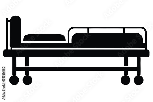 Black Silhouette of Adjustable Hospital Bed with Wheels and Side Railing Design