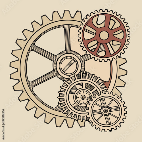 Illustration of several interlocking gears with detailed line work and a neutral color palette design element