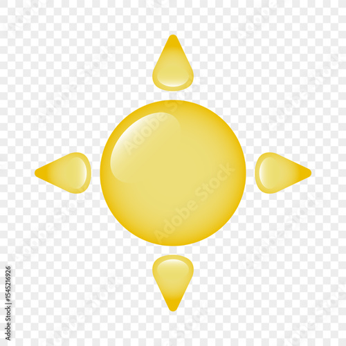 An icon of a large, cartoon sun with four rays on a transparent background. A three-dimensional sun with glare and rays. Logo, sun sticker. The concept of summer and weather. Vector EPS 10.