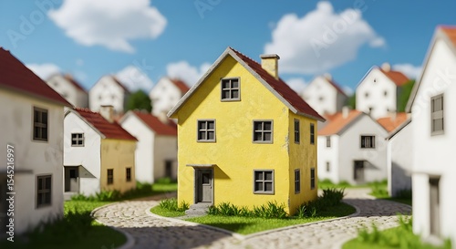 Una casa amarilla se destaca entre muchas casas grises, simbolizando la singularidad en los bienes raíces.