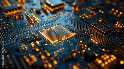 A close-up of a computer chip with a golden circuit board and a central processor unit (CPU) in the center, illuminated by a warm, golden light, set against a black background with a blurred, dark, 