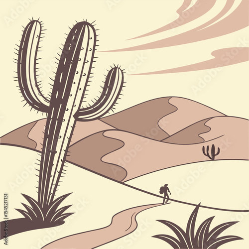 Illustration of a desert landscape with a large cactus and a lone hiker on a winding path in beige tones