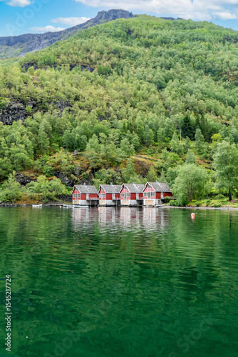 Scenic view of traditional houses by Flam fjord in Norway