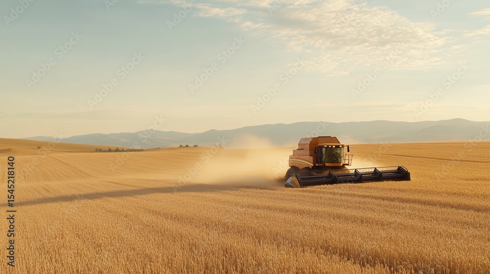 Fototapeta premium Combine harvester efficiently harvesting golden wheat under a clear blue sky in late summer