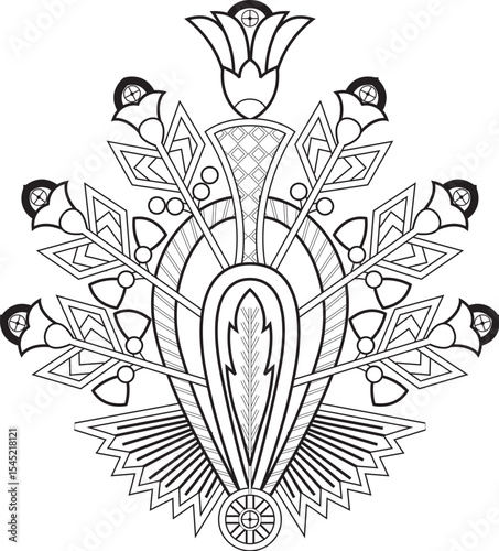 Intricate Art Deco Floral Design
Stylized Botanical Motif Outline
Geometric Flower and Leaf Pattern
Monochrome Decorative Ornament
Detailed Abstract Floral Illustration