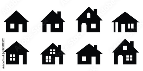 Minimal black silhouette icons of home and house types including apartment, suburban, and single-family residential structures
