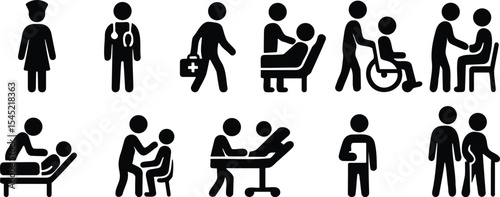 Silhouette icons of family care and social interaction with elderly and disabled figures, hospital and caregiving symbols