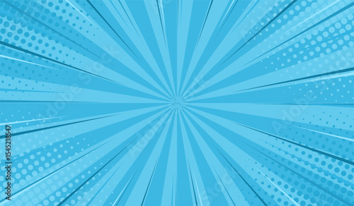Vector comic book template with rays and halftone. Vintage background for superhero comic book posters. Blue background of a superhero comic book in pop art style. Vector EPS 10.