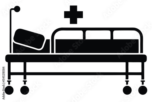 Black Silhouette of Hospital Bed with Pillow, IV Pole, and Medical Cross Above
