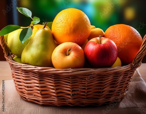 a fresh basket with ripe apples oranges and a juicy pear presents a healthy and organic still life of fruit