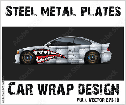 Steel Metal Plates Car Wrap Design with Shark Teeth Graphic Vector Illustration