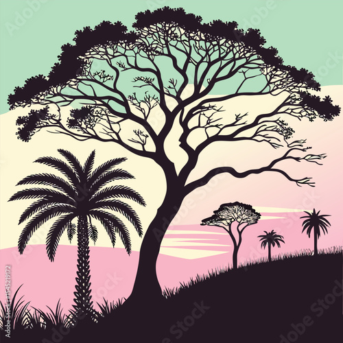Silhouette of diverse trees including palm and leafy tree in a pastel colored landscape at sunset