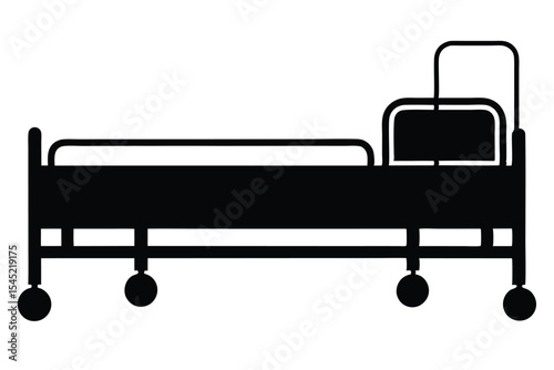 Black Hospital Bed Icon Silhouette, Featuring Wheels and Metal Headboard Design