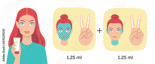 Woman holding tube of sunscreen. Instruction shows necessary amount of sunblock. Two-finger lengths application rule. Summertime skincare. UV rays protection guide. Cartoon flat vector illustration.