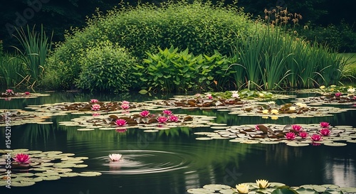Serene pond with blooming water lilies and lush greenery
