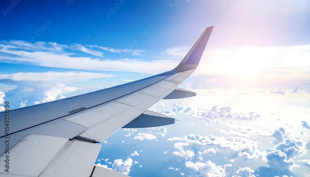 Fototapeta premium Airplane wing in blue sky and clouds.