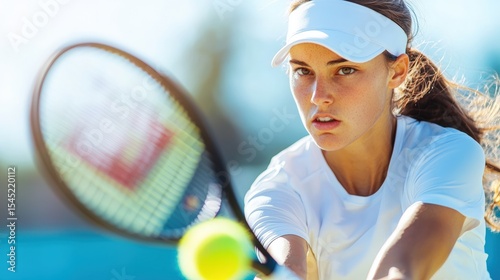 Focused tennis player intense gameplay action shot