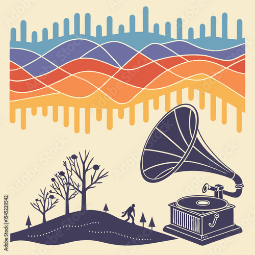 Stylized illustration of a vintage gramophone with landscape and sound wave visualization above