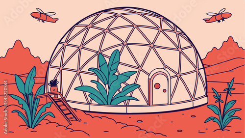 Illustration of a geodesic dome with plants and a person on a ladder in a desert landscape
