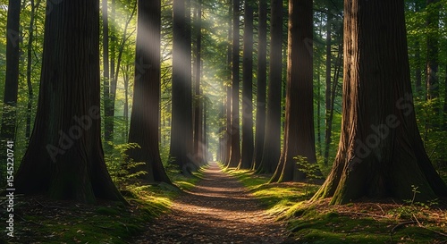 Sunbeams illuminate path through majestic forest of tall trees