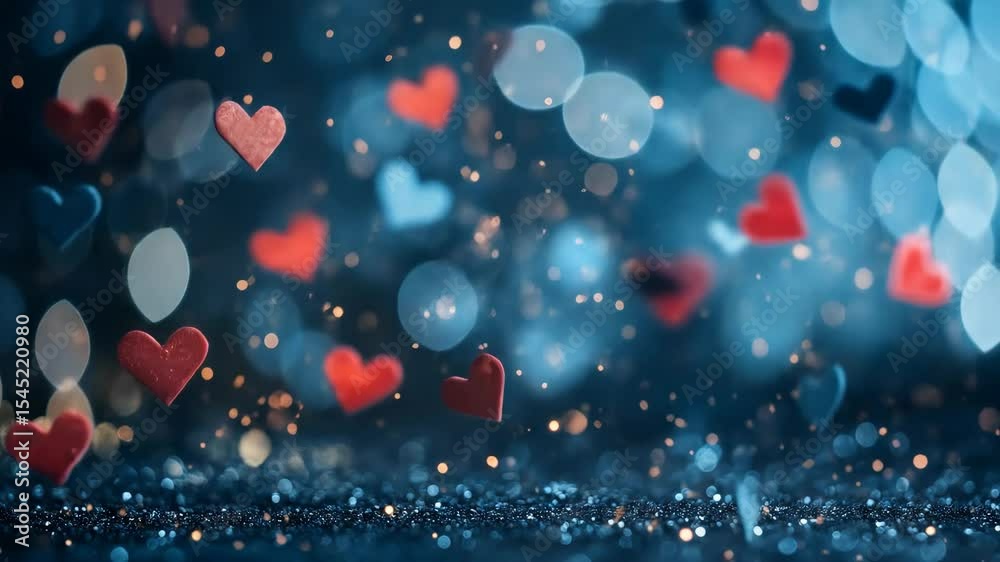 Red and blue heart shapes dropping and bouncing on glitter surface with bokeh lights. Love, romance, or Valentine’s Day concept footage.