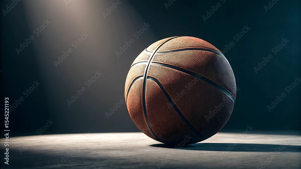 Obraz premium basketball background for ads concept A basketball illuminated in a dramatic spotlight against a dark background.