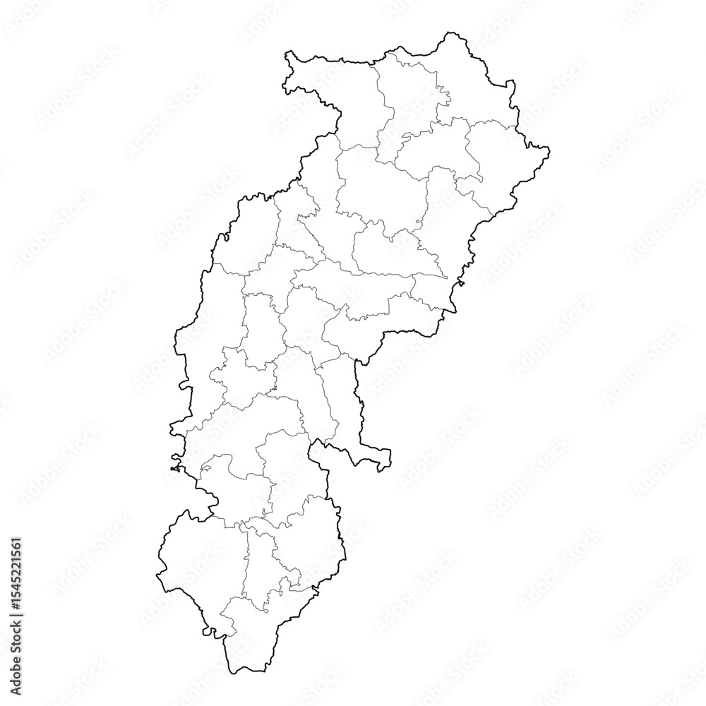 Fototapeta premium Chhattisgarh India state map with district boundaries. High-quality black and white vector line art outline. SVG, EPS, PDF for graphic design, reports, cartography, and school projects