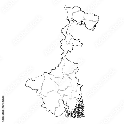 West Bengal India state map showing district borders. High-resolution black and white vector line art outline. SVG, EPS, PDF for graphic design, web, cartography, and presentations
