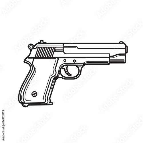 Detailed vintage art silhouette line drawing of a semi automatic handgun suitable for educational material or design projects