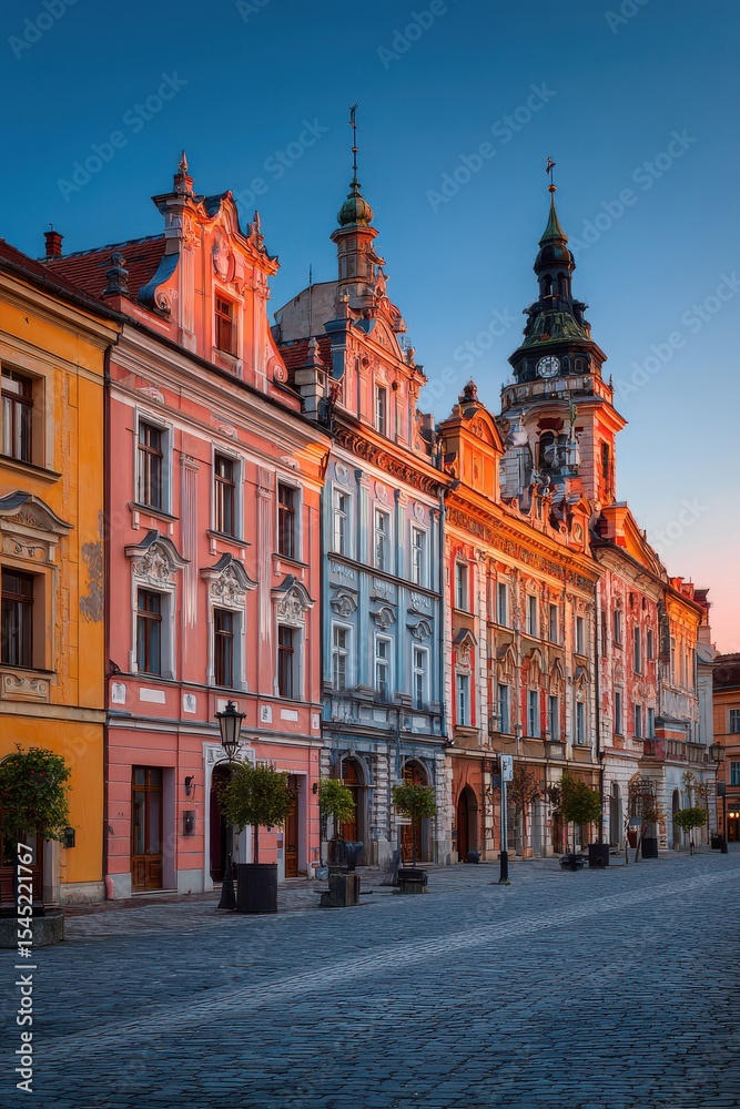 Fototapeta premium Colorful Historic Buildings Under a Clear Sky During Sunset in a European City.