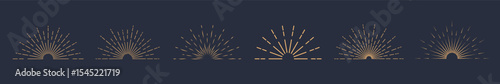 A set of sunbursts and sunsets on a dark blue background. Sunset and sun rays in vintage style. A collection of starbursts, fireworks, logos. Vector EPS 10.