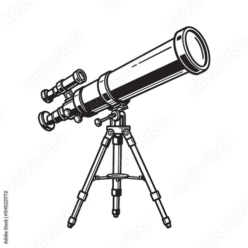 Detailed vintage art silhouette of a classic astronomical telescope on tripod