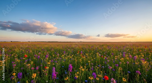 Vibrant wildflower meadow at sunset landscape