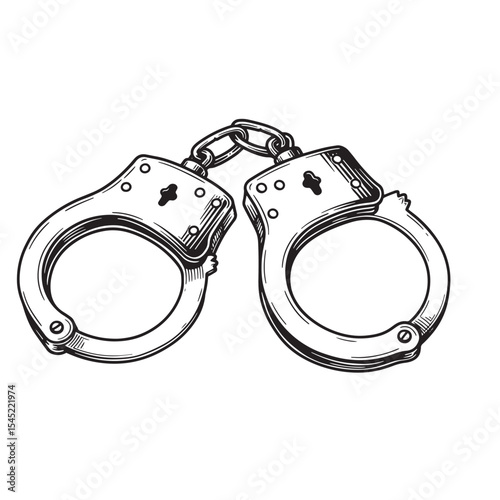 Detailed vintage handcuffs art silhouette illustration in black and white for law enforcement or crime concepts