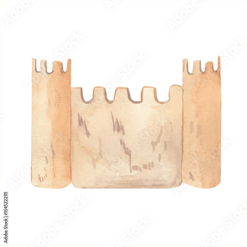 Sand castle or fortress. Watercolor hand drawn illustration beach game isolated from the background. For design postcards, greetings, birthday, calendar, wallpapers, wrapping paper, scrapbooking