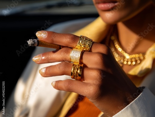 Stylish Woman's Hand with Cigar and Gold Rings Luxury Indulgence