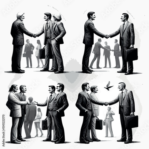 A black and white image of a man shaking hands with other people