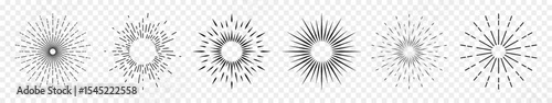 Vintage collection of six sunbursts on a white background. The radial rays of the setting sun. A sunbeam with lines. Retro logo in the form of a circle with radial rays. Vector EPS 10.