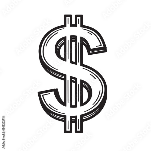 Hand drawn dollar sign illustration representing wealth and finance in a vintage art silhouette design.