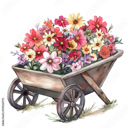 Garden Wheelbarrow Filled Flowers, watercolor illustration vector, isolated on a white background.